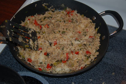 Prepared Cajun Dirty Rice in pan