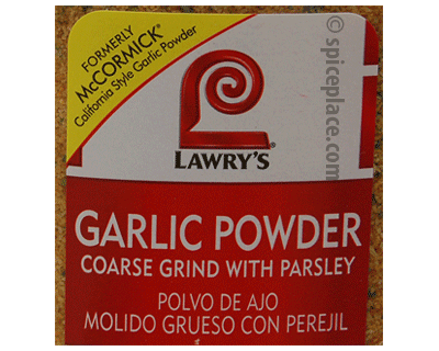 Closeup of Lawry's Coarse Grind Garlic Powder with Parsley Product Label